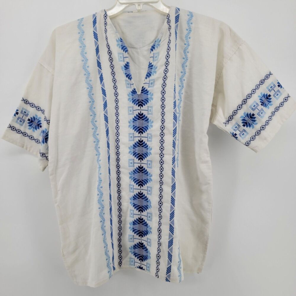 VTG Rare Huipil Style Blouse Artisan-made Hand-loomed Blue Embroidery Wmn Large